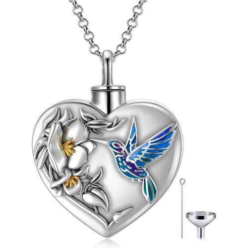 Sterling Silver Two-tone Hummingbird & Daffodil Heart Urn Necklace for Ashes