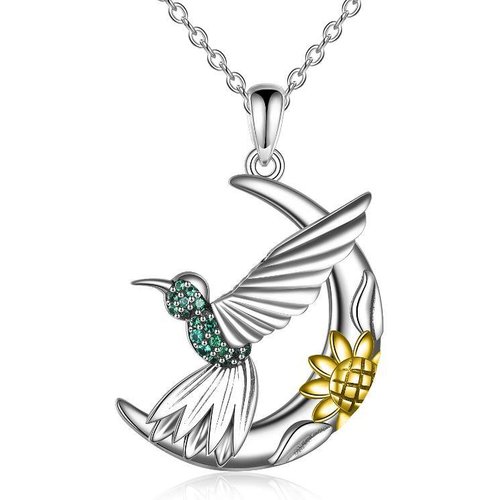 Sterling Silver Two-Tone Moon Hummingbird With Daisy Pendant Necklace For Women