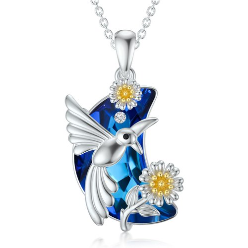 Sterling Silver Two-tone Hummingbird & Moon Crystal Pendant Necklace