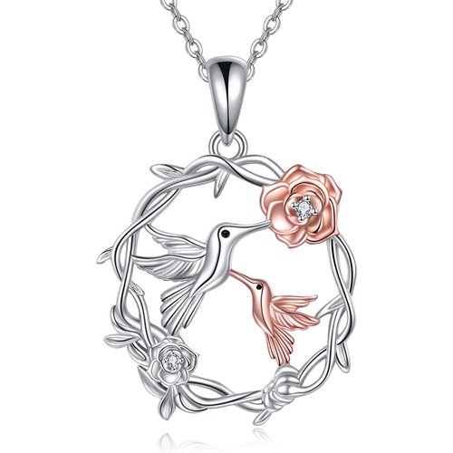 Sterling Silver Two-tone Cubic Zirconia Hummingbird & Mother Pendant Necklace