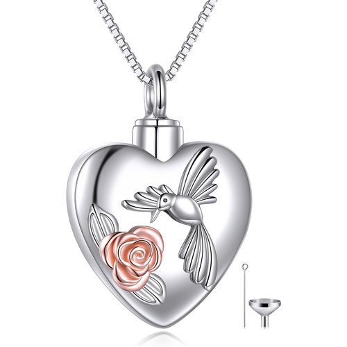 Sterling Silver Two-Tone Hummingbird & Heart With Rose Urn Necklace For Ashes