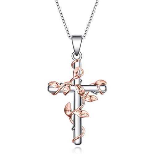 Sterling Silver Two-tone Ivy & Cross Pendant Necklace