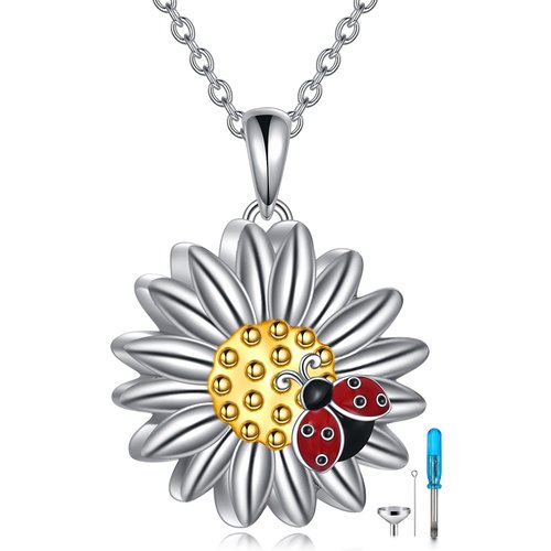 Sterling Silver Two-tone Ladybug & Daisy Urn Necklace for Ashes with Engraved Word