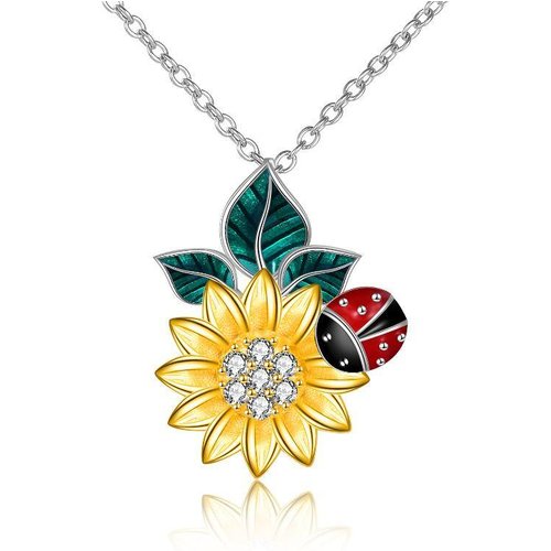 Sterling Silver Two-tone Cubic Zirconia Ladybug & Sunflower Pendant Necklace