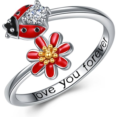 Sterling Silver Two-tone Cubic Zirconia Ladybug & Wildflowers Open Ring with Engraved Word