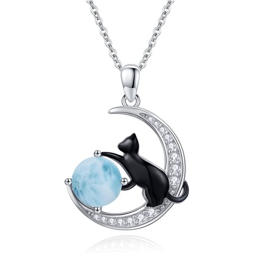 Sterling Silver Two-tone Lalimar Stone Black Cat and Moon Pendant Necklace