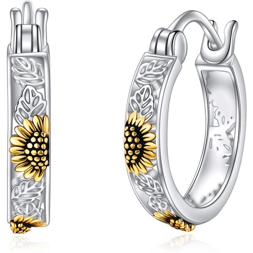 Sterling Silver Two-tone Leaves & Sunflower Hoop Earrings