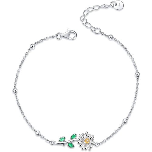 Sterling Silver Two-tone Marquise Shaped Crystal Daisy Charm Bracelet