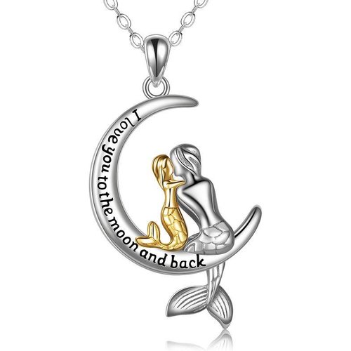 Sterling Silver Two-tone Mermaid & Moon Pendant Necklace with Engraved Word