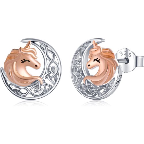 Sterling Silver Two-tone Moon & Unicorn Stud Earrings