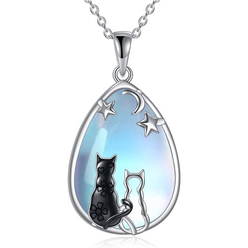 Sterling Silver Moonstone Cat & Pentagram Drop Pendant Necklace For Women