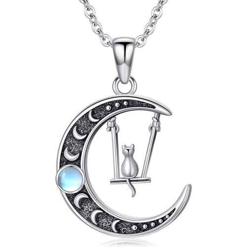 Sterling Silver Two-tone Moonstone Cat & Moon Charm Necklace for Women