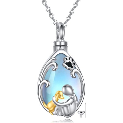 Sterling Silver Two-Tone Pearl Moonstone Dog With Paw Drop Urn Necklace For Ashes With Engraved Word For Women