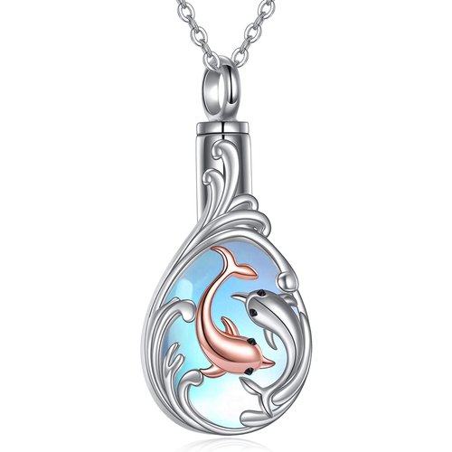 Sterling Silver Two-tone Moonstone Dolphin & Drop Shape Urn Necklace for Ashes