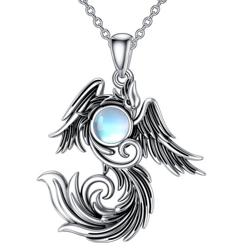 Sterling Silver Two-tone Moonstone Phoenix Pendant Necklace