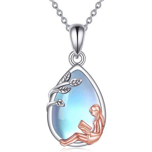 Sterling Silver Two-tone Moonstone Reading Girl Pendant Necklace