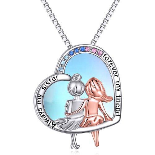 Sterling Silver Two-tone Moonstone Sisters Heart Pendant Necklace with Engraved Word