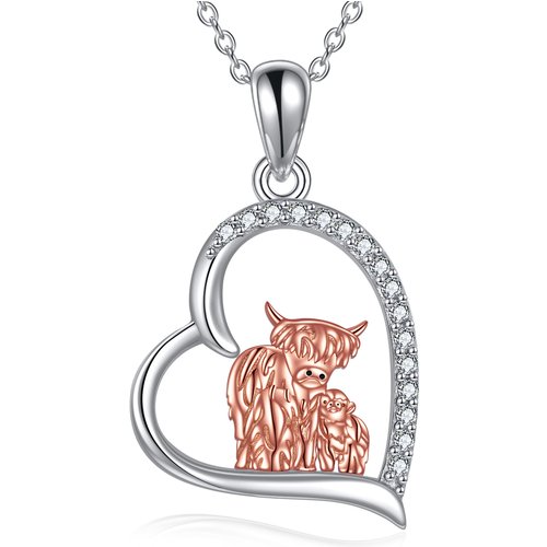 Sterling Silver Two-Tone Heart Cubic Zirconia Mother & Baby Highland Cow Pendant Necklace For Women Best Friends