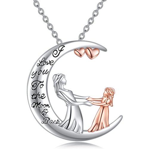 Sterling Silver Two-Tone Mother With Daughter Moon Pendant Necklace With Engraved Word For Women