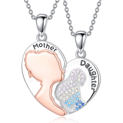 Sterling Silver Two-tone Mother & Daughter & Heart Pendant Necklace