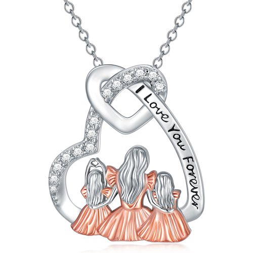 Sterling Silver Two-tone Cubic Zirconia Mother & Daughter Heart Pendant Necklace with Engraved Word