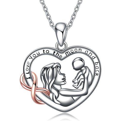 Sterling Silver Two-tone Mother Heart Pendant Necklace with Engraved Word
