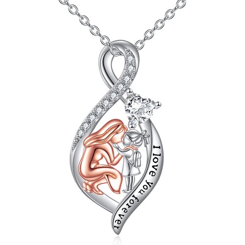 Sterling Silver Two-tone Cubic Zirconia Mother Pendant Necklace with Engraved Word