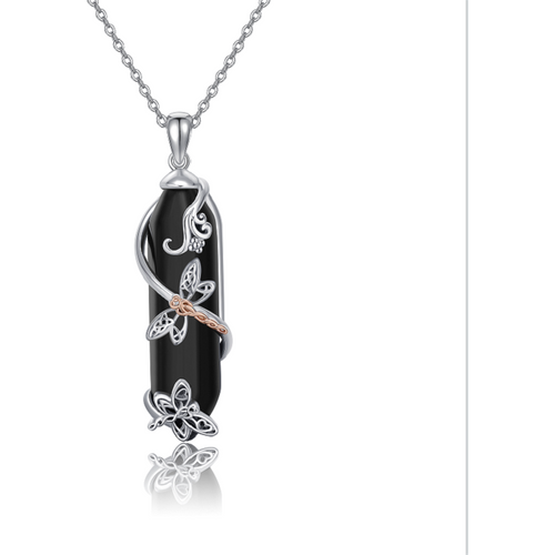 Sterling Silver Two-tone Obsidian Dragonfly Pendant Necklace