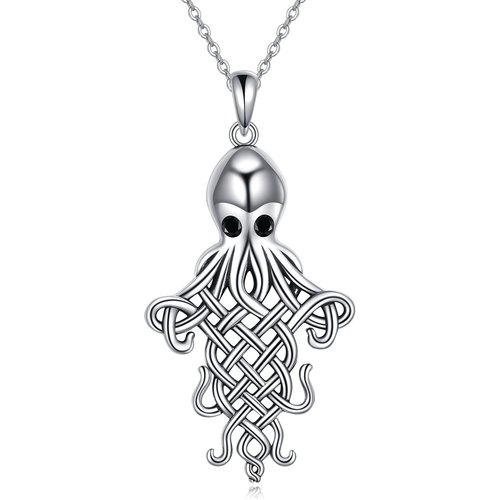 Sterling Silver Two-tone Cubic Zirconia Octopus & Celtic Knot Pendant Necklace