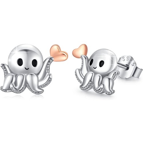 Sterling Silver Two-tone Octopus & Heart Stud Earrings
