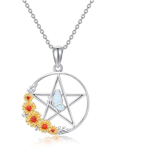 Sterling Silver Two-Tone Opal Butterfly With Sunflower With Pentagram Pendant Necklace For Women