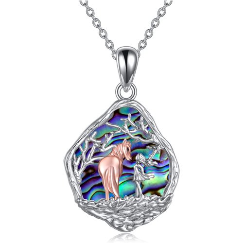 Sterling Silver Two-tone Oval Shaped Abalone Shellfish Wolf Pendant Necklace