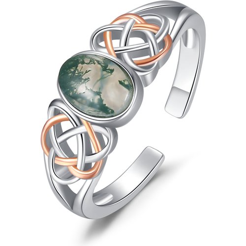 Sterling Silver Two-tone Oval Shaped Moss Agate Celtic Knot Open Ring
