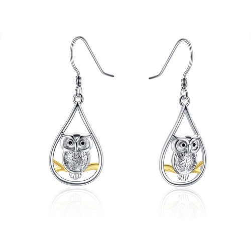 Sterling Silver Two-tone Owl Drop Earrings