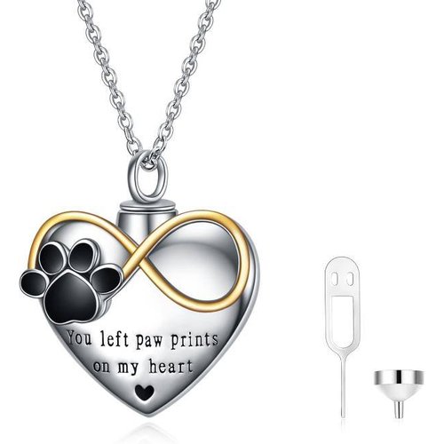 Sterling Silver Two-Tone Paw With Infinity Symbol Heart Urn Necklace For Ashes With Engraved Word For Women