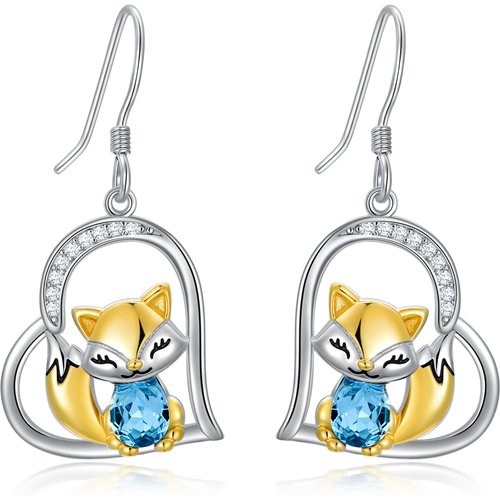 Sterling Silver Two-tone Pear Shaped Crystal Fox & Heart Drop Earrings