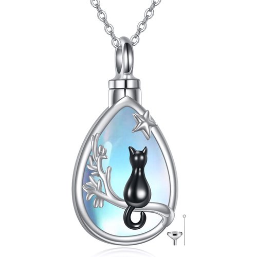 Sterling Silver Two-tone Pear Shaped Moonstone Cat & Drop Shape Urn Necklace for Ashes