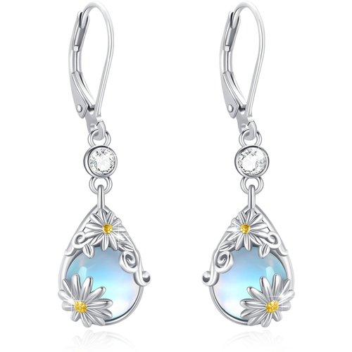 Sterling Silver Two-tone Pear Shaped Moonstone Daisy Lever-back Earrings