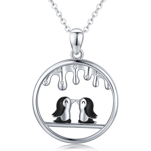 Sterling Silver Two-tone Cubic Zirconia Penguin Lover Pendant Necklace
