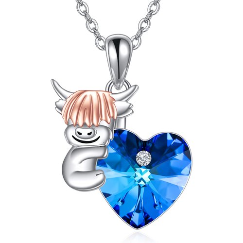 Sterling Silver Two-tone Personalized Birthstone Highland Cow Heart Necklace for Women