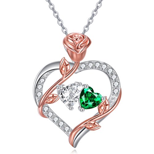 Sterling Silver Two-tone & Personalized Birthstone Rose & Couple & Heart Pendant Necklace