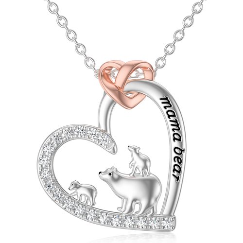 Sterling Silver Two-tone Cubic Zirconia Polar Bear & Heart Pendant Necklace with Engraved Word