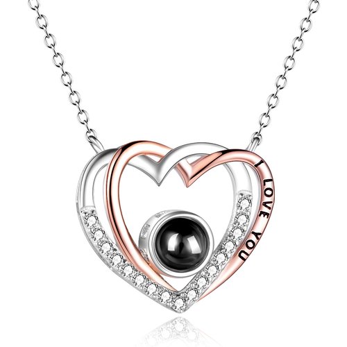 Sterling Silver Two-tone Projection Stone Heart Pendant Necklace