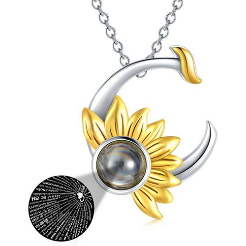 Sterling Silver Two-tone Projection Stone Sunflower & Moon Pendant Necklace