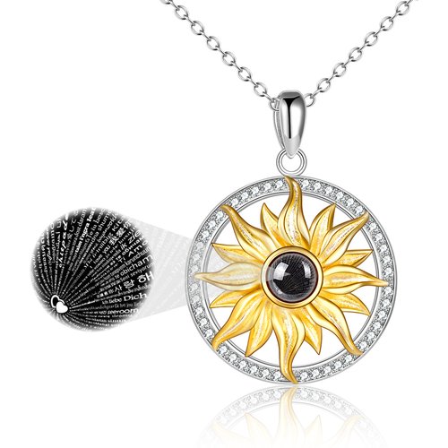 Sterling Silver Two-tone Projection Stone Sunflower Pendant Necklace