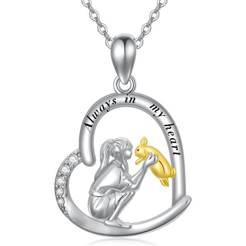 Sterling Silver Two-tone Rabbit & Girl Heart Pendant Necklace with Engraved Word