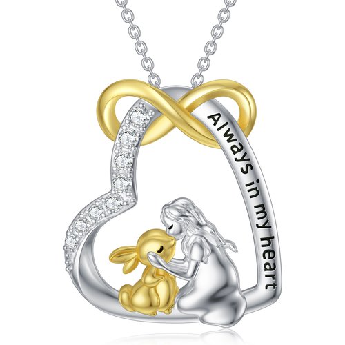 Sterling Silver Two-tone Cubic Zirconia Rabbit & Heart Pendant Necklace with Engraved Word