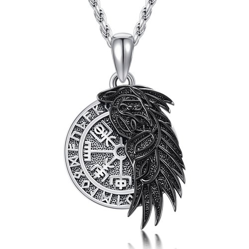 Sterling Silver Two-tone Raven & Viking Rune Pendant Necklace for Men