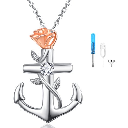 Sterling Silver Two-tone Cubic Zirconia Rose & Anchor Urn Necklace for Ashes