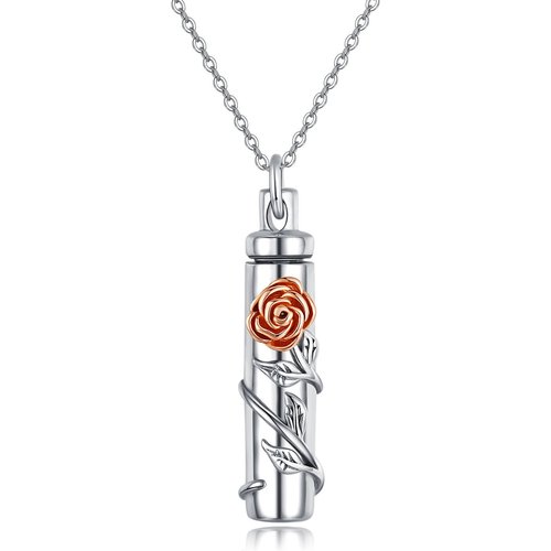 Sterling Silver Two-tone Rose Bar Urn Necklace for Ashes